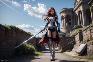 1girl, best quality,  vivid colours,  long hair,  High detailed,  perfect image unfolds with 8k resolution,  masterpiece,  ultra detailed image, colorful,cute girl,clean image style,fullbody,redhead beautifulgirl,High detailed, a girls standing out with a armour costume, she have a sword in hand  and she is raising the sword to the skies,realhands,she is in a plains biome,holding a sword