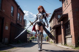 1girl, best quality,  vivid colours,  long hair,  High detailed,  perfect image unfolds with 8k resolution,  masterpiece,  ultra detailed image, colorful,cute girl,clean image style,fullbody,redhead beautifulgirl,High detailed, a girls standing out with a armour costume, she have a sword in hand  and she is raising the sword to the skies,realhands,she is in a plains biome,holding a sword