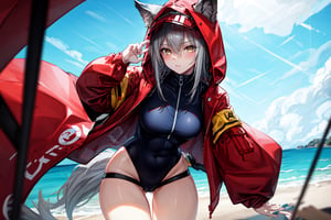 masterpiece, best quality , vivid colours,long hair,fullbody,High detailed,detailed face and eyes, long hair,camel_toe,panties showing,standing,front pov,microbikini almost showing privates,sfw,vulva,ahoge,1girl,dynamic pose,clothes floating with the wind,powerful colours,projekt red from arknights chilling in a roof top,1girl,gray hair,navel,hot body,projekt red light breeze, yellow eyes, leaning forward, jacket, wolf tail, hood, open jacket, hooded jacket, red jacket, black one-piece swimsuit, thigh strap, unzipped, highleg swimsuit, ears through headwear,