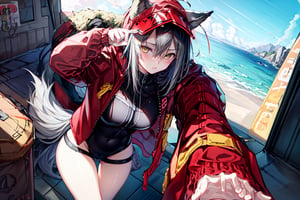 masterpiece, best quality , vivid colours,long hair,fullbody,High detailed,detailed face and eyes, long hair,camel_toe,panties showing,standing,front pov,sfw,vulva,ahoge,1girl,dynamicpose,clothes floating with the wind,powerful colours,projekt red from arknights chilling in a roof top,1girl,gray hair,navel,hot body,projekt red light breeze, yellow eyes, leaning forward, jacket, wolf tail, hood, open jacket, hooded jacket, red jacket, black one-piece swimsuit, thigh strap, unzipped, highleg swimsuit, ears through headwear,