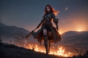 1girl,  best quality, one of the most beautiful images ever created,  vivid colours,  long hair,  High detailed,  perfect image unfolds with 8k resolution,  masterpiece,  ultra detailed image,  colorful, cute girl, clean image style, redhead beautifulgirl, High detailed, she is in a plains biome, detailed beautiful face,fantasy00d,fullbody,After a very long fight a Future soldier (female) is coming home through the burning cursed eclipse field,the field is all burning with a huge destruction this flames is the souls of the dead screaming back to the female soldier.