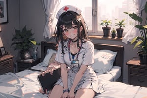 1girl, solo, long hair, breasts, looking at viewer, blush, smile, bangs, black hair, hair ornament, hat, dress, cleavage, brown eyes, medium breasts, sitting, collarbone, short sleeves, choker, hairclip, indoors, dark skin, white dress, grin, dark-skinned female, pillow, window, bed, on bed, plant, nurse cap, name tag, potted plant, nurse, id card, white choker, clipboard, lanyard, earclip, hospital bed, nagatoro hayase