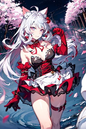 1girl,  masterpiece,  best quality,  cute,  animal ears,  shorts,  paw pose,  (cat paw gloves:1),  facing viewer,  looking at viewer,  sakura city,nighttime, walking in a sakura forest, destiny /(takt op./) dressed as a maid neko with torn up clothes,detailed face,cute expression,ahegao_face,barely clothed with (tornclothes:1.2),perfectbody,detailed,realistic eyes,skirt almost showing female genitalia,seeing panties,skirt flowing in the wind,destiny /(takt op./)