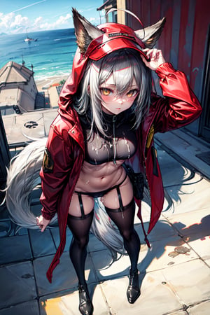 masterpiece, best quality , vivid colours,long hair,fullbody,High detailed,detailed face and eyes, long hair,camel_toe,panties showing,standing,front pov,sfw,vulva,ahoge,1girl,dynamicpose,clothes floating with the wind,powerful colours,projekt red from arknights chilling in a roof top,1girl,gray hair,navel,hot body,projekt red light breeze, yellow eyes, leaning forward, jacket, wolf tail, hood, open jacket, hooded jacket, red jacket, thigh strap, unzipped, ears through headwear,cum in her navel,