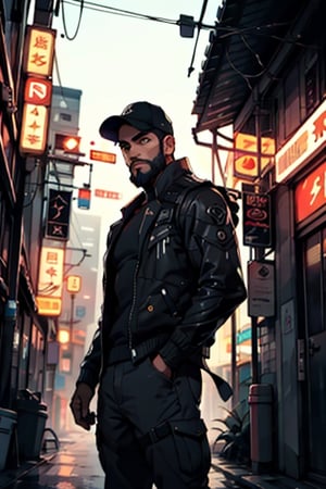 (masterpiece), perfect artwork, best quality, high resolution, photo man with a cap on top of roof at morning, cyborg, high detailed face, beard, highly detailed, detailed background neon city, perfect lighting, cyberpunk, (1boy, solo), casual outfit, posing, cap, jensenDX, black hair, short hair