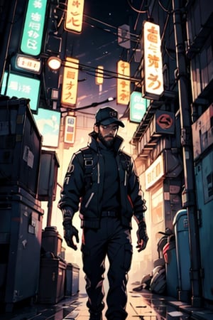 (masterpiece), perfect artwork, best quality, high resolution, photo of a man with a cap on top of roof at morning, centered, cyborg, high detailed face, beard, highly detailed, detailed background neon industrial, perfect lighting, cyberpunk, techwear, (1boy, solo), casual outfit, posing, cap, jensenDX, black hair, short hair
