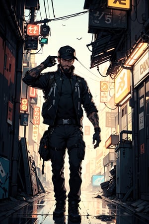 (masterpiece), perfect artwork, best quality, high resolution, photo man with a cap on top of roof at morning, cyborg, hidden face, beard, highly detailed, detailed background neon city, perfect lighting, cyberpunk, (1boy, solo), casual outfit, posing, cap, jensenDX, black hair, short hair