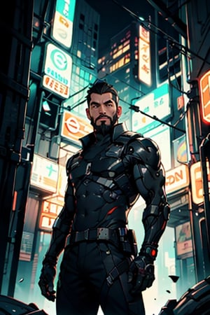 (masterpiece), perfect artwork, best quality, high resolution, photo man with a cap on top of roof at morning, cyborg, detailed face, beard, highly detailed, detailed background neon city, perfect lighting, cyberpunk, (1boy, solo), casual outfit, posing, cap, jensenDX, black hair, short hair