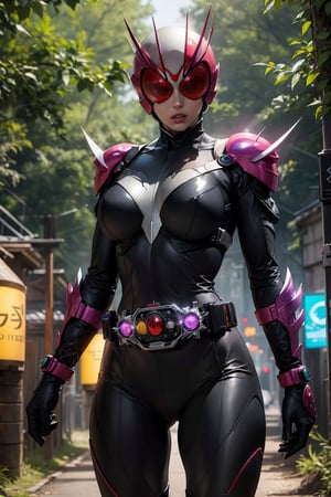 kamenrider, black widow as a Kamen Rider, hyper HD, 4K, where neon lights illuminate the night, the iconic figure of Kamen Rider emerges. Her hyper-realistic appearance, captured in stunning 4K definition, large breasts , leaves the crowd in awe. Witness the famous scenes of this mechanical marvel in action, as she defends against the darkness that threatens humanity, her hyper-detailed armor gleaming under the forrest.