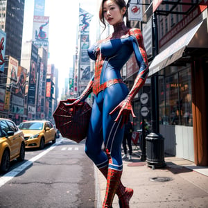 asian girl with spiderman suit no mask big breast, new york city background, daily sunshine