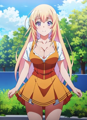 boichi anime style,upper_body,dirndl,looking_at_camera,Ichinose,cleavage,smiley,mini_skirt,best quality,masterpiece,legs_open,, beautiful detailed eyes, contrapposto, thighs,clothing_detailed,outdoors,blonde hair