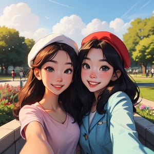 style SAM YANG, 2_girls, smiling, looking_at_the_viewer, anime, happiness!, hair wavy, garden, park, clothes_casual, normal, cup, beret, selfie, self_shot, camera_pov