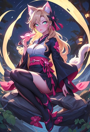 kunoichi, ninja, ((kimono_sakura_desing_dark)), ((1_girl)), nekomata_girl, ear_cat, longhair, japanase_hairstyle, kimono_girl_japanese, kimono_black, Kimono_dress, (Green_eyes), glow_eyes. blonde_hair, ((goldenhair)), stay_in dark, hair_yellow, glow_in_the_dark, dark ilumination, ((ears cat_yellow)), feudal japanese hairstyle, bakeneko_girl, Nekomata human, Tail_cat, dark shadow, kimono_dark, adult_girl, woman, samurai_Woman, nekomata girl sitting in the middle of the forest, sitting meditating,  ((mid_night)), pose_cute, ((Eyes_green)), ((Long_kimono)), ((black stockings)), ((Tail cat)), Long_yukata