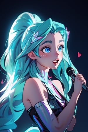 seraphine_lol, seraphine, league_of_legends, k/da (league of legends), piltover, league_of_legends, seraphine champs, concert, iluminacion glow, blueeyes shiny, camera_view, top_view, singing, self_shot,seraphine1m tail pony hairstyle. long hair, anatomy_good 