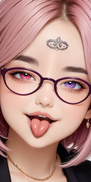 high quality,quality 4k,quality 8k,brown skin,1baby,beautifull baby,parted_lips,pastel lips,heterochromia,great teeth,mouth,mouth open,cute smile,beautifull and detailed eyes and face,aheago face,tongue out,cum tongue,short_hair,purple red hair,neck tattoo,medium earrings,medium_breasts,breasts up,secretary glasses,sweating,big necklace,medium close-up