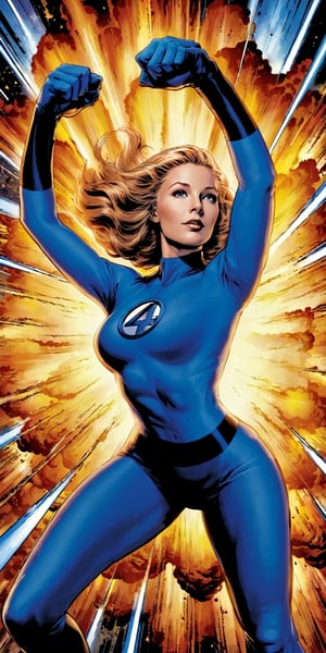 1girl,woman,multicolor_hair,explosion behind,stretching out the arms and rotating the hands,Hero,Mr_Fantastic_Four_Fantastic