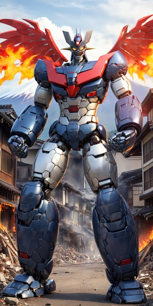 masterpiece,high quality,quality 4k,quality 8k,no humans,Minerva from Manziger Z,blue grey and red colors mecha,yellow eyes,super robot,robot,looking at viewer,full body,glowin,clenched hands,standing,realistic,wings,scrander,outdoors,hands half chest in attack position: 12,(background:mount fuji:1.2),background: massive destruction in the city and with flames in several buildings: 1:3,Mazinger Z