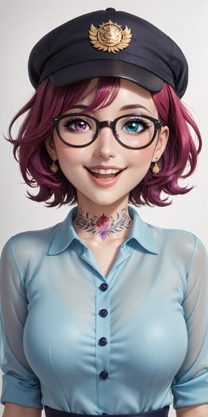 1baby,beautifull baby,parted_lips,heterochromia,great teeth,half open mouth,cute smile,beautifull and detailed eyes and face,nose,nose_piercing,blushed face,short_hair,purple red hair,neck tattoo,medium earrings,medium_breasts,breasts up,small cap,secretary glasses,