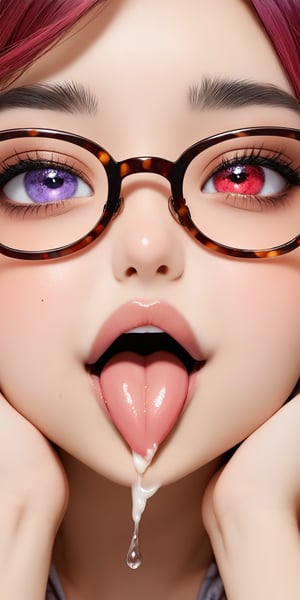 high quality,quality 4k,quality 8k,brown skin,1baby,beautifull baby,parted_lips,pastel lips,heterochromia,great teeth,mouth,mouth open,cute smile,beautifull and detailed eyes and face,aheago face,tongue,tongue out,cum mouth,dripping,short_hair,purple red hair,neck tattoo,medium earrings,medium_breasts,breasts up,secretary glasses,sweating,big necklace,medium close-up,hands on face