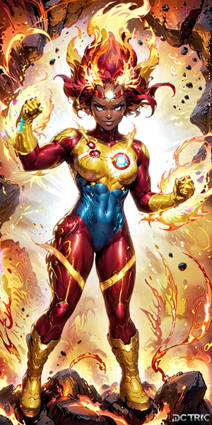 solo,1girl,female focus,dark skin,muscular,dark-skinned,fire,rainbow,superhero,fiery hair,red hair,boots,armor,bodysuit,superhero,red bodysuit,looking at viewer,gloves,glowing,clenched lips,molten rock,gloves,standing,full body,boots,signature,personification,yellow footwear,flame,yellow gloves,floating hair,glowing eyes,no pupils,clenched hands, aura, blue eyes, grin,quality 4k, quality 8k,high quality,DC,SuperHero, Firestorm_DC