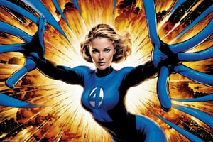 1girl,woman,multicolor_hair,explosion behind,stretching out the arms and rotating the hands,Hero,Mr_Fantastic_Four_Fantastic