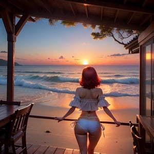 sunset, pretty woman, slim, toned body, medium butt, round butt, short red hair, watching the sunset, facing her, wearing glasses, white bikini