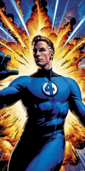 1boy,man stretching out his arms,multicolor_hair,explosion behind,Marvel,Hero,Mr_Fantastic_Four_Fantastic