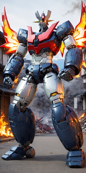 masterpiece,high quality,quality 4k,quality 8k,great and high detailed head and face,no humans,Manziger Z,blue grey and red colors mecha,yellow eyes,super robot,robot,looking at viewer,full body,glowin,clenched hands,standing,realistic,wings,outdoors,kneeling on one leg and supporting himself with one hand due to exhaustion from the fight,(background:mount fuji:1.2),background: massive destruction in the city and with flames in several buildings: 1:3,Mazinger Z,Mecha,Robot,Super Robot,MAZINGER Z