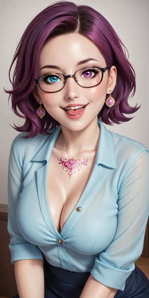 1baby,beautifull baby,parted_lips,pastel lips,heterochromia,great teeth,half open mouth,cute smile,beautifull and detailed eyes and face,sticking_out_tongue,blushed face,short_hair,purple red hair,neck tattoo,medium earrings,medium_breasts,breasts up,small bandana,secretary glasses,