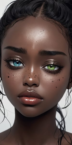 A woman, beautiful and detailed woman, black woman, black skin, african woman, beautiful and detailed eyes, tears in her eyes, heterochromia eyes, semi-close eyes, great detail in the tears, rimel of the eyes desalineated by crying, long hair green, ponytail_hair, freckles in the pins, sad face, desolate expression , red lips, decayed lips, tears for the pins and mouth, semi -open lips, discovered neck, collar of Christ, detailed clavicula, using black veil in the head, semi-down face,Heterochromia