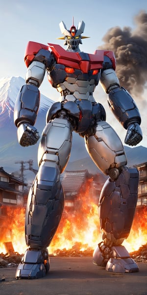 masterpiece,high quality,quality 4k,quality 8k,great and high detailed head and face,no humans,Manziger Z,blue grey and red colors mecha,yellow eyes,super robot,robot,looking at viewer,full body,glowin,clenched hands,standing,realistic,outdoors,kneeling on one leg and supporting himself with one hand due to exhaustion from the fight,(background:mount fuji:1.2),background: massive destruction in the city and with flames in several buildings: 1:3,MAZINGER Z,MECHA