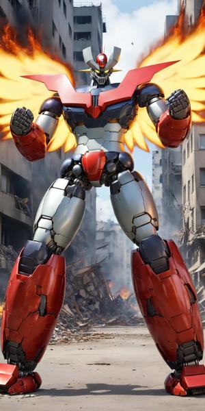 high quality,quality 4k,quality 8k,no humans,Manziger Z,blue grey and red colors mecha,yellow eyes,super robot,robot,looking at viewer,full body,glowin,clenched hands,standing,realistic,wings,scrander,outdoors,hands half chest in attack position: 12,background: massive destruction in the city and with flames in several buildings: 1:3,Mazinger Z