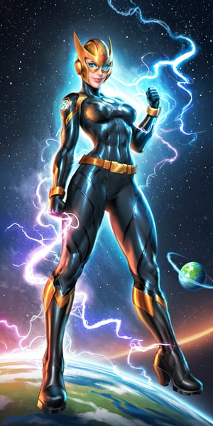 1girl,solo,looking at viewer,blue eyes,closed mouth,female focus,glowing,science fiction,serious,armor,bodysuit,helmet,glowing eyes,space,planet,earth \(planet\),superhero,electricity,lightning,smile,gloves,full body,grin,mask,star \(sky\),clenched hands,space,muscular,standing,boots,skin tight,superhero,abs,planet,belt,4k,8k,HD,FHD, Nova_Richard_Rider,Superhero,Marvel