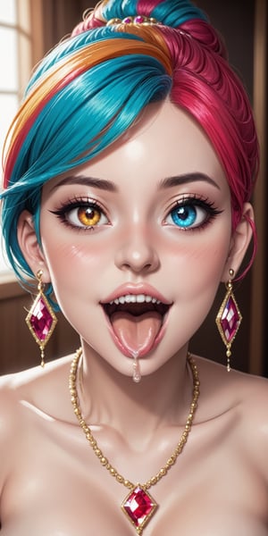 1girl,full_body_portrait,beautiful and detailed face, beautiful and detailed eyes,heterochromia_eyes,great teeth,multicolored hair, sexy tongue,mouth open,dripping out of the mouth,blushing face,big earrings,big gem necklace,nose,nose piercing,