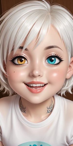 1baby,beautifull baby,parted_lips,heterochromia,great teeth,half open mouth,cute smile,beautifull and detailed eyes and face,nasal_piercing,blushed face,short_hair,black_and_white hair,neck tattoo