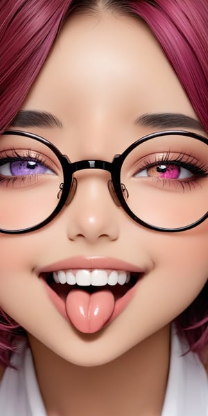 high quality,quality 4k,quality 8k,brown skin,1baby,beautifull baby,parted_lips,pastel lips,heterochromia,great teeth,mouth,mouth open,cute smile,beautifull and detailed eyes and face,aheago face,tongue out,cum tongue,short_hair,purple red hair,neck tattoo,medium earrings,medium_breasts,breasts up,secretary glasses,sweating,big necklace,medium close-up,hands on face