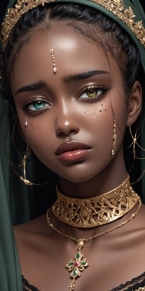 A woman, beautiful and detailed woman, black woman, black skin, african woman, beautiful and detailed eyes, tears in her eyes, heterochromia eyes, semi-close eyes, great detail in the tears, rimel of the eyes desalineated by crying, long hair green, ponytail_hair, freckles in the pins, sad face, desolate expression , red lips, decayed lips, tears for the pins and mouth, semi -open lips, discovered neck, collar of Christ, detailed clavicula, using black veil in the head, semi-down face,Heterochromia