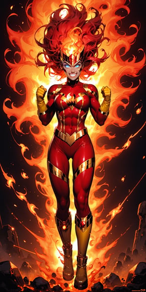 solo,1girl,girl focus,dark skin,muscular,dark-skinned,fire,rainbow,superhero,fiery hair,red hair,boots,armor,bodysuit,superhero,red bodysuit,looking at viewer,gloves,teeth,glowing,helmet,clenched teeth,gold armor,molten rock,gloves,standing,full body,boots,signature,personification,yellow footwear,flame,yellow gloves,floating hair,glowing eyes,no pupils,clenched hands, aura, blue eyes, grin,quality 4k, quality 8k,high quality,DC,SuperHero, Firestorm_DC