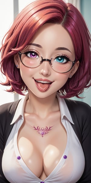 1baby,beautifull baby,parted_lips,pastel lips,heterochromia,great teeth,half open mouth,cute smile,beautifull and detailed eyes and face,dripping tongue,blushed face,short_hair,purple red hair,neck tattoo,medium earrings,medium_breasts,breasts up,clip hair,secretary glasses,