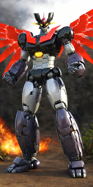 no humans,Manziger Z,black grey and red colors mecha,yellow eyes,super robot,robot,looking at viewer,full body,glowin,clenched hands,standing,realistic,wings,wings scrander,outdoors,Mazinger Z