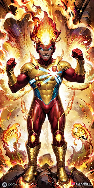 solo,1boy,male focus,dark skin,muscular,dark-skinned,fire,rainbow,superhero,fiery hair,red hair,boots,armor,bodysuit,superhero,red bodysuit,looking at viewer,gloves,glowing,helmet,clenched teeth,gold armor,molten rock,gloves,standing,full body,boots,signature,personification,yellow footwear,flame,yellow gloves,floating hair,glowing eyes,no pupils,clenched hands, aura, blue eyes, grin,quality 4k, quality 8k,high quality,DC,SuperHero, Firestorm_DC