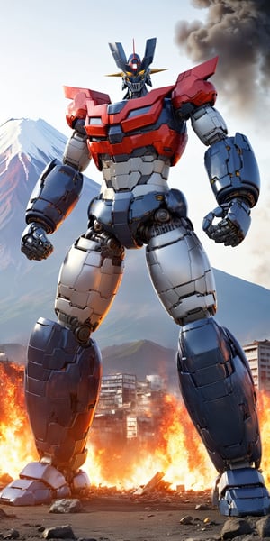 masterpiece,high quality,quality 4k,quality 8k,great and high detailed head and face,great and detailed full body,no humans,Manziger Z,blue grey and red colors mecha,yellow eyes,super robot,robot,looking at viewer,full body,glowin,clenched hands,standing,realistic,outdoors,kneeling on one leg and supporting himself with one hand,(background:mount fuji:1.2),background: massive destruction in the city and with flames in several buildings: 1:3,MAZINGER Z,MECHA