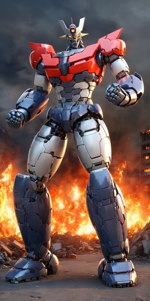 masterpiece,high quality,quality 4k,quality 8k,great and high detailed head and face,great and detailed full body,no humans,Manziger Z,blue grey and red colors mecha,yellow eyes,super robot,robot,looking at viewer,full body,glowin,clenched hands,standing,realistic,outdoors,kneeling on one leg and supporting himself with one hand,(background:mount fuji:1.2),background: massive destruction in the city and with flames in several buildings: 1:3,MAZINGER Z,MECHA
