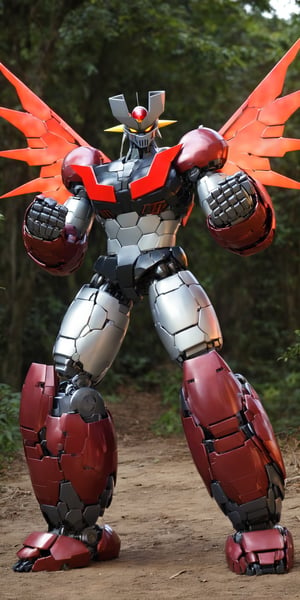 no humans,Manziger Z,black grey and red colors mecha,super robot,robot,looking at viewer,full body,glowin,upper body,clenched hands,standing,realistic,wings,outdoors,Mazinger Z
