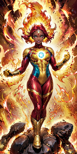 solo,1girl,female focus,dark skin,muscular,dark-skinned,fire,rainbow,superhero,fiery hair,red hair,boots,armor,bodysuit,superhero,red bodysuit,looking at viewer,gloves,glowing,clenched lips,gold armor,molten rock,gloves,standing,full body,boots,signature,personification,yellow footwear,flame,yellow gloves,floating hair,glowing eyes,no pupils,clenched hands, aura, blue eyes, grin,quality 4k, quality 8k,high quality,DC,SuperHero, Firestorm_DC