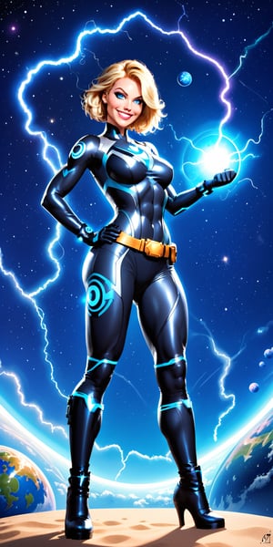 1girl,solo,looking at viewer,blue eyes,closed mouth,female focus,glowing,science fiction,serious,armor,bodysuit,helmet,glowing eyes,space,planet,earth \(planet\),superhero,electricity,lightning,smile,gloves,full body,grin,mask,star \(sky\),clenched hands,space,muscular,standing,boots,skin tight,superhero,abs,planet,belt,4k,8k,HD,FHD, Nova_Richard_Rider,Superhero,Marvel