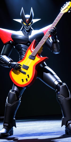 masterpiece,quality 4k,quality 8k,high quality,beautifull and detailed robot,beautifull and detailed face,beautifull and detailed eyes,beautifull and detailed body,Mazinger Z,big stage,stadium concert,great ligths and shadows,bizarre lights,playing_instrument,playing guitar,holding guitar,music,standing,looking at viewer,acoustic guitar,black boots,Aesthetic_Guitar,TATTOO,MAZINGER Z
