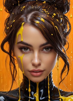 splash art, a quirky liquid portrait of a hauntingly beautiful model woman,brown hair woman, splash style of paint, Pixar style, Halloween colors, hyper detailed intricately detailed, fantastical, intricate detail, splash screen, liquid, gooey, slime, splashy, fantasy, concept art, 8k resolution, masterpiece, melting, complex background, intricate detailed, dark colors, fantasy, concept art, digital art, intricate, oil on canvas, masterpiece, expert, insanely detailed, 4k resolution.,dripping paint