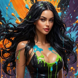 splash art, a quirky liquid portrait of a hauntingly beautiful model woman,black hair woman, splash style of paint, Pixar style, Halloween colors, hyper detailed intricately detailed, fantastical, intricate detail, splash screen, liquid, gooey, slime, splashy, fantasy, concept art, 8k resolution, masterpiece, melting, complex background, intricate detailed, dark colors, fantasy, concept art, digital art, intricate, oil on canvas, masterpiece, expert, insanely detailed, 4k resolution.,dripping paint