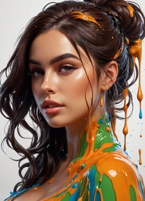 splash art, a quirky liquid portrait of a hauntingly beautiful model woman,brown hair woman, splash style of paint, Pixar style, Halloween colors, hyper detailed intricately detailed, fantastical, intricate detail, splash screen, liquid, gooey, slime, splashy, fantasy, concept art, 8k resolution, masterpiece, melting, complex background, intricate detailed, dark colors, fantasy, concept art, digital art, intricate, oil on canvas, masterpiece, expert, insanely detailed, 4k resolution.,dripping paint